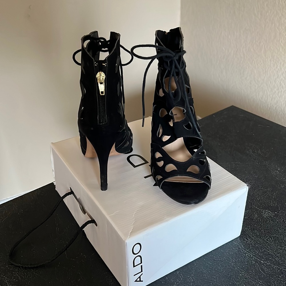 Rare find Aldo black suede laser cut stiletto bootie.